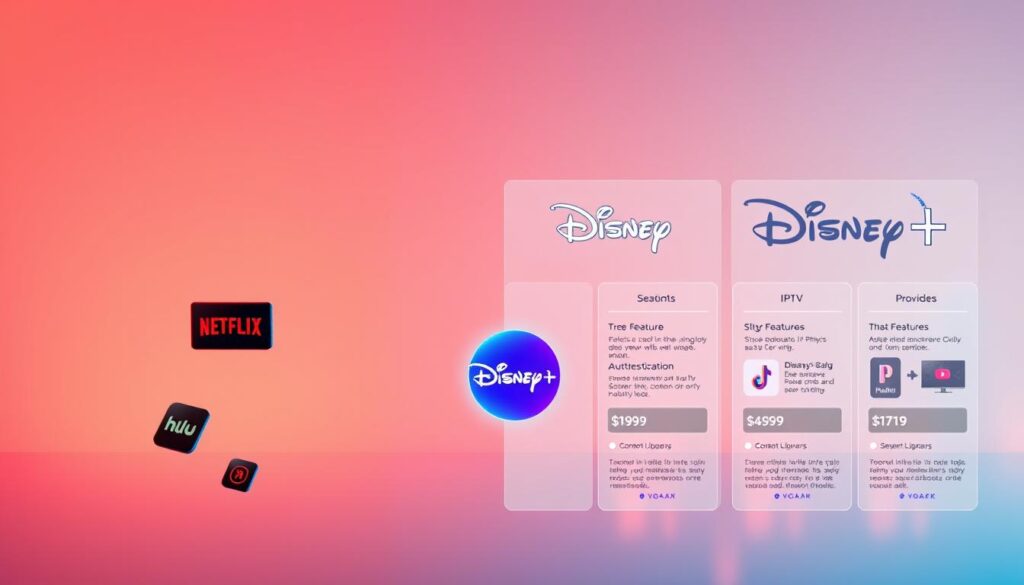 A vibrant and informative comparison of popular streaming services, captured in a clean, minimalist style. In the foreground, sleek icons for Netflix, Hulu, Disney+, and IPTV providers float against a soft, gradient background. The midground features stylized, informative infographics highlighting key features, pricing, and content libraries of each service. The background has a subtle, high-tech ambiance with subtle grid patterns and glowing elements, creating a sense of digital sophistication. Warm, balanced lighting illuminates the scene, emphasizing the clarity and professionalism of the visual presentation. The overall mood is one of objective, side-by-side analysis, inviting the viewer to easily compare and contrast the streaming options.