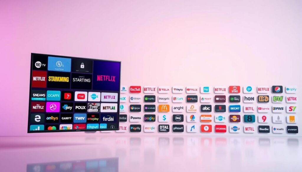 A vibrant array of streaming service channel logos and icons float in a sleek, minimalist composition. The foreground features various prominent streaming platforms arranged in an eye-catching grid, while the middle ground showcases a diverse selection of additional services subtly fading into the background. The overall scene is bathed in a soft, ambient lighting that lends a sense of refinement and sophistication, conveying the high-quality, comprehensive nature of the IPTV provider's offering. The clean, uncluttered design and carefully curated elements create a visually striking and informative image to complement the article's in-depth analysis.