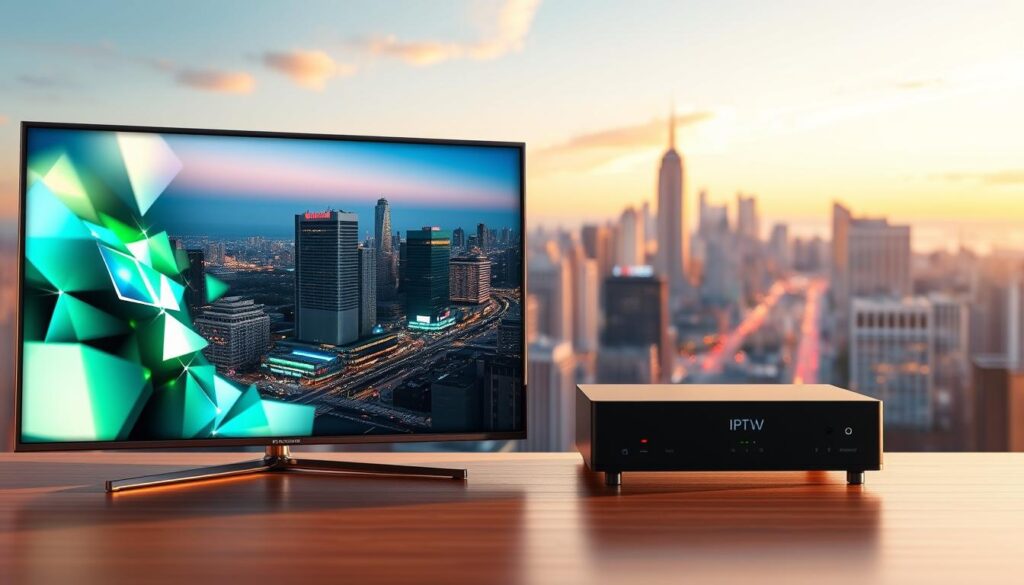 A vibrant, high-quality 3D render of a side-by-side comparison of traditional TV and IPTV streaming. In the foreground, a sleek, modern television set displaying a crystal-clear image, while an IPTV set-top box sits alongside, showcasing its ability to deliver a seamless, high-definition streaming experience. The middle ground features a busy city skyline, with skyscrapers and bustling streets, emphasizing the urban setting. The background is illuminated by a warm, golden hour lighting, creating a sense of depth and atmosphere. The scene conveys the advantages of IPTV over traditional television, highlighting the superior image quality, flexibility, and the future-forward nature of streaming technologies.