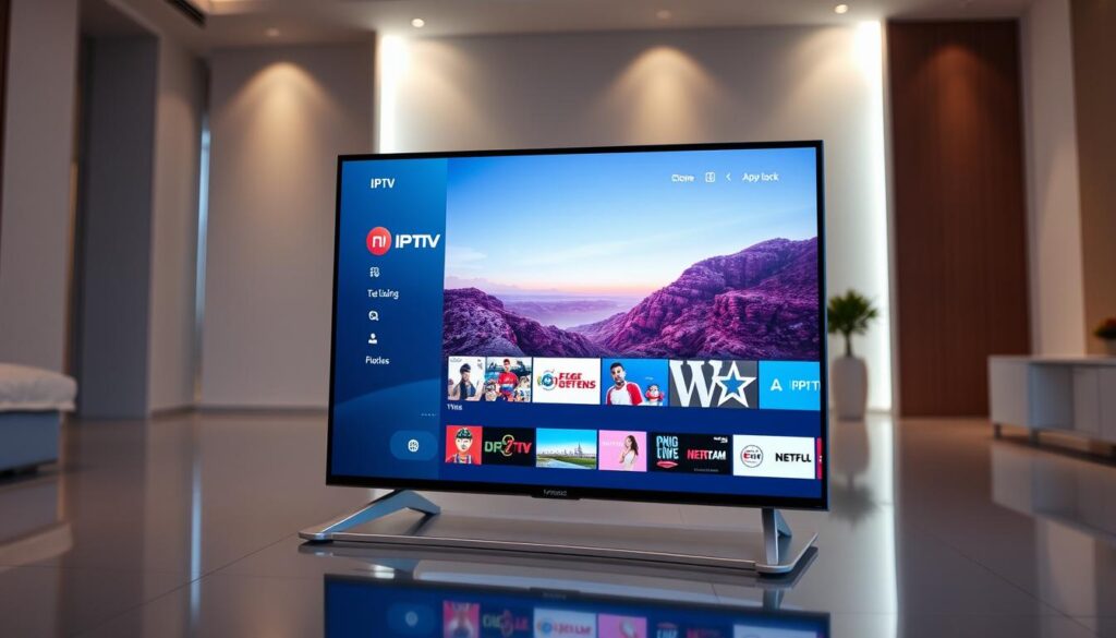 A vibrant, high-resolution image of a futuristic IPTV streaming service interface, displayed on a sleek, high-end electronic device. The screen shows a dynamic, intuitive user interface with a clean, minimalist design. The device is set against a backdrop of a modern, well-lit interior, with neutral tones and subtle lighting that creates a sense of sophistication and technological advancement. The overall scene conveys the ease and convenience of accessing IPTV content without geographical restrictions, reflecting the "no IP lock" concept.