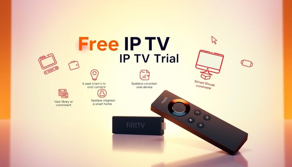 A vibrant, modern illustration showcasing the key benefits of a free IPTV trial. In the foreground, an enticing streaming device, perhaps an Amazon Firestick, prominently displayed against a sleek, minimalist background. Floating icons and graphics highlight features like access to a vast library of on-demand content, live TV channels, and seamless integration with smart home devices. The middle ground features a clean, typography-driven layout with concise, benefit-focused text, emphasizing the ease of setup and convenience of a no-commitment trial. The background is a softly blurred gradient, lending an aspirational, high-tech atmosphere to the scene. Warm, directional lighting casts subtle shadows, creating depth and a sense of premium quality. The overall composition is visually striking and effectively communicates the key selling points of the free IPTV trial offer.