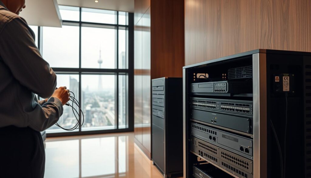 A well-lit, high-angle view of an IPTV installation process in a modern hotel lobby. In the foreground, a technician carefully connects cables to an IPTV set-top box on a sleek media rack. The middle ground shows the back panels of several networked devices, including a router and video encoder. In the background, floor-to-ceiling windows offer a glimpse of the bustling city outside, creating a sense of integration between the hotel's digital infrastructure and its physical environment. The scene conveys a smooth, efficient workflow, with subtle lighting and clean, minimalist aesthetics befitting a professional IPTV implementation.