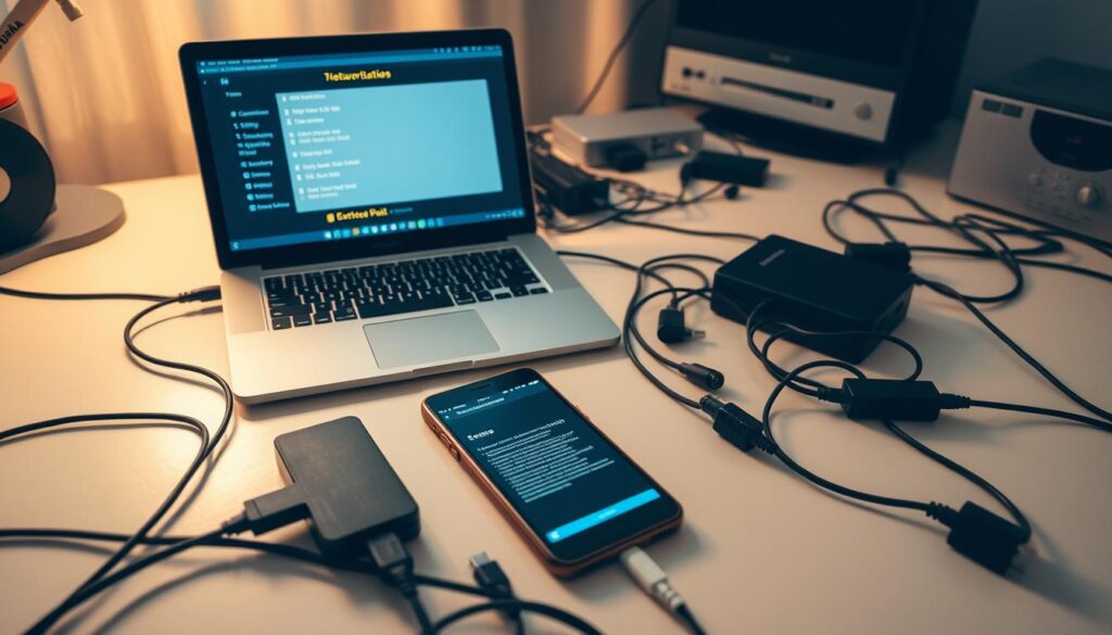 A well-lit home office setup with a laptop, smartphone, and various diagnostic tools laid out on a desk. The laptop screen displays network connection status, bandwidth usage, and error codes. The smartphone screen shows a troubleshooting app with diagnostic information. The desk is cluttered with cables, adapters, and other technical equipment, conveying a sense of problem-solving. Soft, warm lighting illuminates the scene, creating a focused, analytical atmosphere. The overall composition suggests the process of methodically investigating and resolving iptv streaming issues.