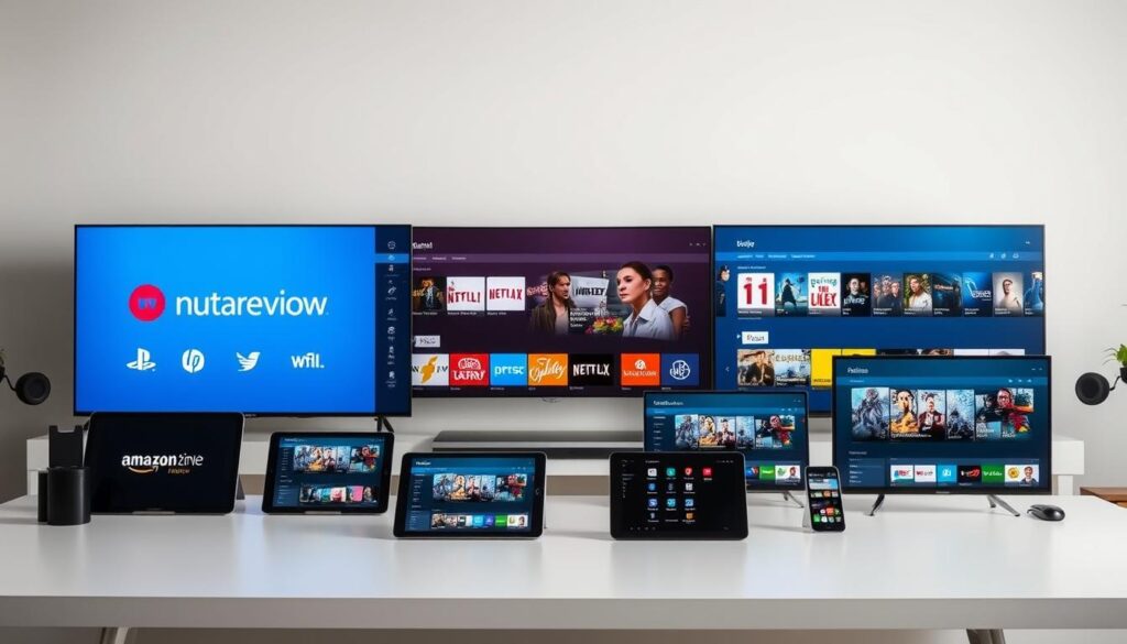 A wide, well-lit tabletop displaying the logos and UI screens of leading streaming providers, arranged in a side-by-side comparison. The foreground features sleek, modern devices like smart TVs, tablets, and phones, showcasing the diverse device compatibility. The middle ground depicts the streaming app interfaces, highlighting the content libraries, subscription tiers, and special offers. The background is a soft, gradient-based environment, creating a professional, informative atmosphere. The lighting is balanced, with subtle shadows and highlights accentuating the products. The overall composition conveys a comprehensive, visually compelling side-by-side analysis of the top streaming platforms.