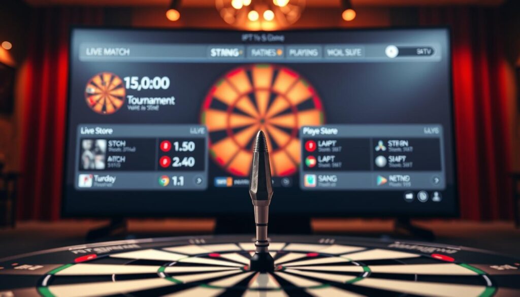 An IPTV interface for darts streaming, with a sleek and modern design. In the foreground, a darts board takes center stage, its steel-tipped arrows ready to be thrown. The middle ground features a clean, minimalist user interface, showcasing live match scores, player statistics, and upcoming tournament schedules. The background is softly blurred, hinting at a dimly lit room, creating a cozy and immersive atmosphere for the viewer. The lighting is warm and ambient, casting a subtle glow over the entire scene, enhancing the sense of anticipation and excitement for the upcoming darts action. The camera angle is slightly elevated, providing a comprehensive view of the IPTV interface and the darts board, inviting the viewer to step into the world of professional darts streaming.