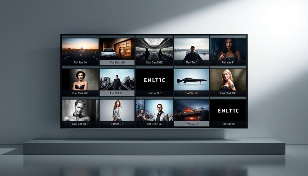 An elegantly curated selection of premium IPTV channels displayed against a sleek, modern backdrop. The channels are arranged in a visually striking grid, each tile showcasing a high-quality thumbnail and title. The lighting is soft and diffused, creating a premium, high-end atmosphere. The overall composition is balanced and symmetrical, with a minimalist color palette of grays, blacks, and subtle accent colors. The scene conveys a sense of exclusivity and refinement, inviting the viewer to explore this premium content offering.