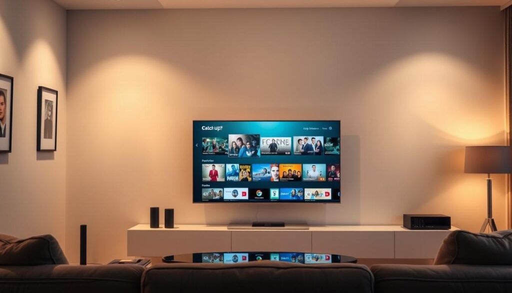 An immersive IPTV catch-up experience, showcasing a living room setup with a modern television displaying a video-on-demand interface. The screen features a selection of various TV show thumbnails, inviting the viewer to explore and catch up on missed episodes. Soft, ambient lighting illuminates the scene, creating a cozy and relaxed atmosphere. The composition emphasizes the television as the focal point, surrounded by minimal, contemporary furniture that complements the sleek, minimalist design. The overall mood conveys the convenience and ease of using IPTV catch-up services to stay up-to-date with favorite programs.