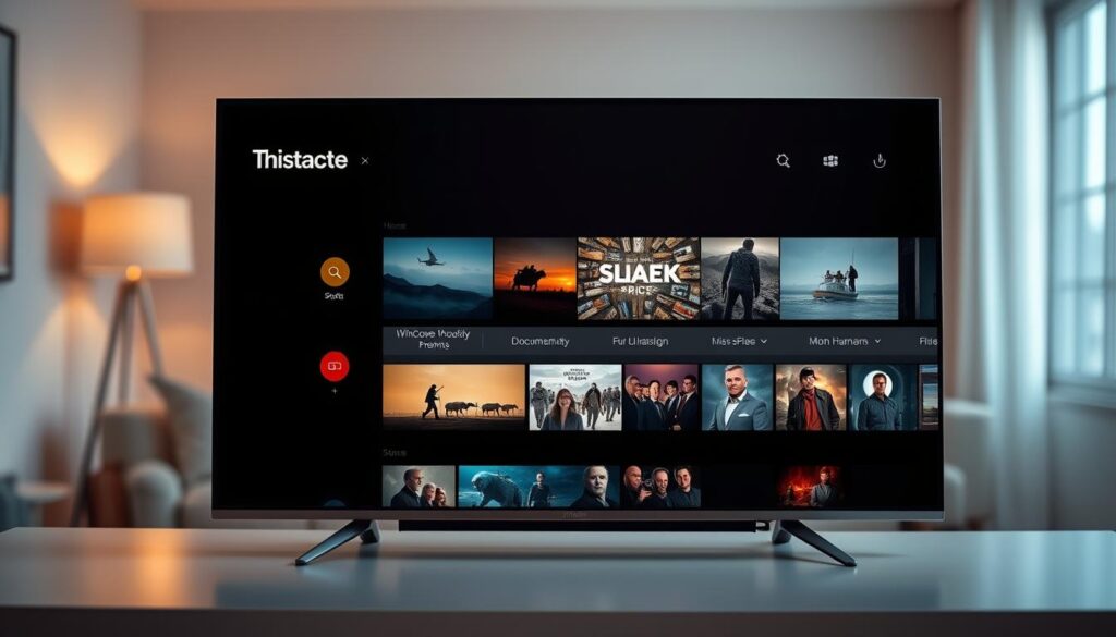 An ultra-high-definition documentary-style image of a modern IPTV service interface, featuring a clean and minimalist design with a prominent search bar, a grid of thumbnail previews for popular documentary channels, and subtle lighting that creates a warm, cinematic atmosphere. The interface is displayed on a sleek, high-end device against a blurred background of a cozy living room, suggesting a comfortable, immersive viewing experience for documentary enthusiasts.
