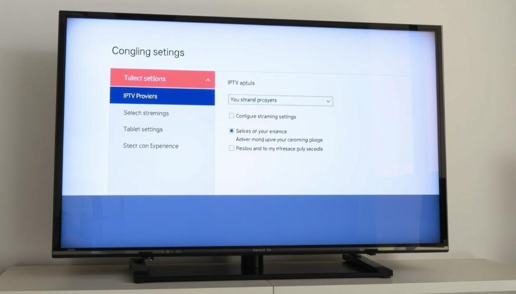 a detailed view of a Google TV interface displaying the configuration settings for an IPTV app, with a clean and modern aesthetic. The screen is shown in a well-lit, softly-focused environment, capturing the ease and simplicity of the setup process. The interface features intuitive menus and options for selecting IPTV providers, configuring streaming settings, and customizing the user experience. The overall composition conveys a sense of user-friendliness and seamless integration of IPTV technology within the Google TV platform.