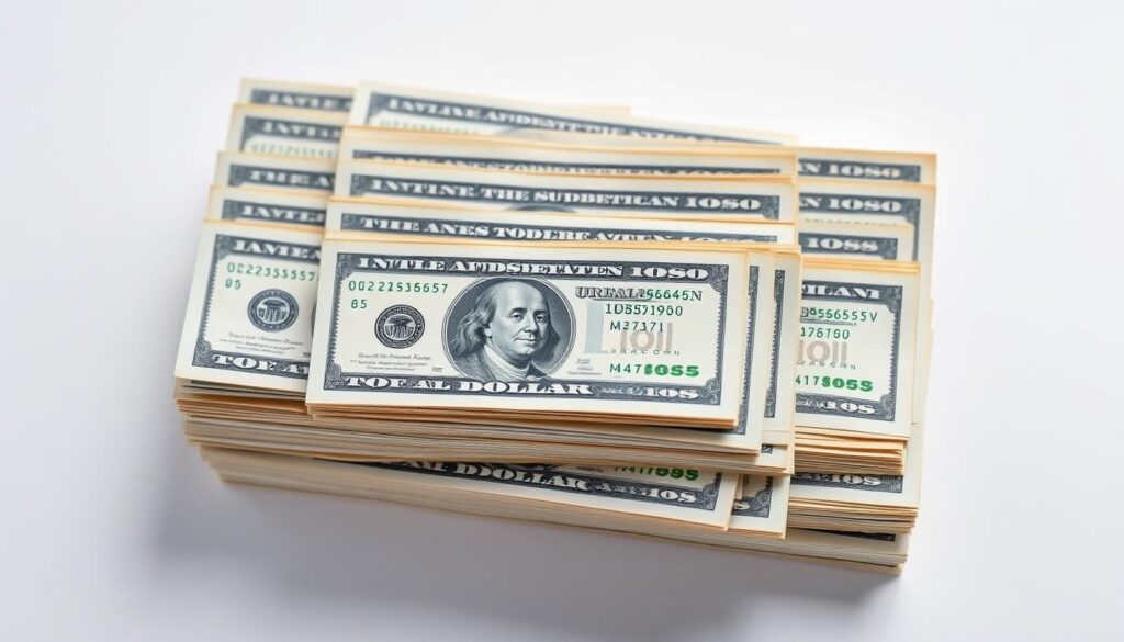 A clean, well-lit closeup of a stack of American dollar bills, meticulously arranged in a grid pattern against a plain white background. The bills are crisp and unfolded, with a subtle sheen that suggests high-quality printing. The lighting is soft and diffused, casting gentle shadows that accentuate the depth and texture of the paper. The overall composition is symmetrical and balanced, evoking a sense of precision and value. The resulting image should convey the idea of a monthly subscription cost, while also suggesting the broader themes of price and perceived value.