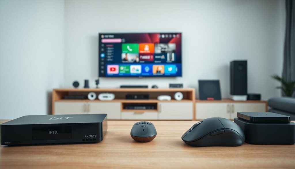 A clean, well-lit modern home office setting with an assortment of devices neatly arranged on a minimalist wooden desk. In the foreground, a sleek black IPTV box, remote control, and a high-end wireless gaming mouse. In the middle ground, a large 4K smart TV mounted on the wall, displaying a crisp, colorful interface. In the background, a row of various smart home devices like a voice assistant, security camera, and streaming media player, all subtly integrated into the space. The lighting is soft and even, creating a professional yet inviting atmosphere. The overall composition emphasizes the seamless integration of technology into a comfortable, practical living environment.