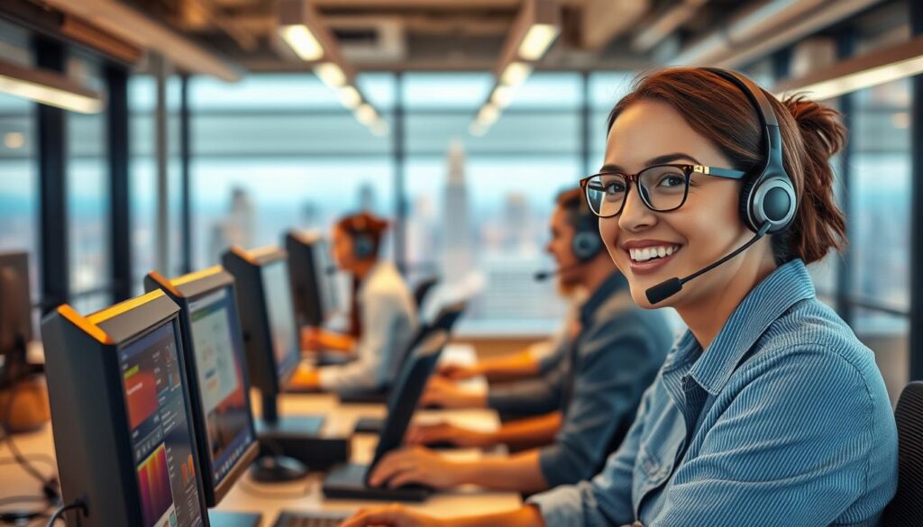 A cozy and welcoming 24/7 call center, with a team of friendly, attentive support agents ready to assist. Warm lighting casts a soft glow over the modern, open-plan office space, filled with ergonomic workstations and cutting-edge communication tools. In the foreground, a smiling agent is engaging in a lively conversation, their headset and monitor reflecting the calm professionalism of the scene. The background showcases a panoramic view of a bustling cityscape, hinting at the global reach and accessibility of the support service. An atmosphere of efficient, reliable, and personalized assistance pervades the entire image.