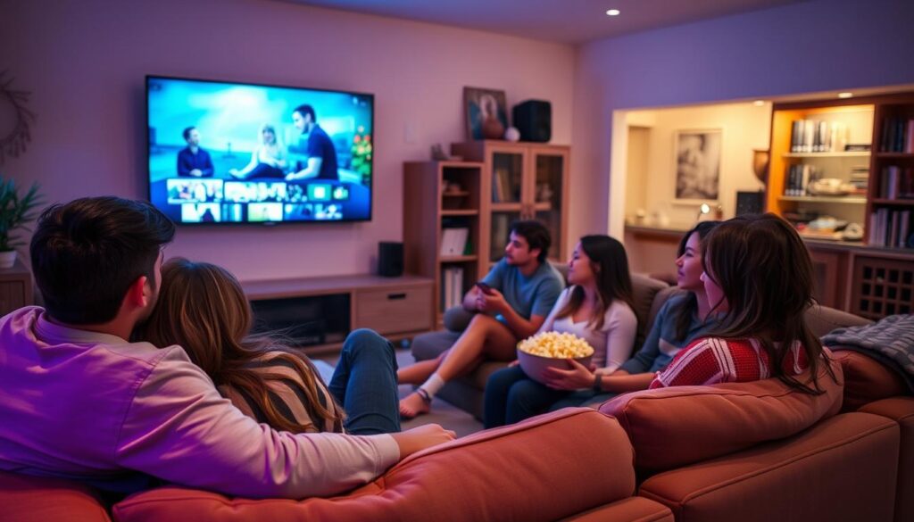A cozy living room with a group of people sitting comfortably on a plush sectional sofa, intently watching a large flat-screen TV mounted on the wall. Warm, diffused lighting illuminates the scene, creating a relaxed and inviting atmosphere. In the foreground, a young couple cuddled up together, their eyes glued to the screen. In the middle ground, a group of friends sharing a bowl of popcorn, engrossed in the show. In the background, a well-stocked media cabinet and bookshelves, hinting at the viewer's diverse interests and entertainment preferences. The overall mood is one of contentment and enjoyment, as the viewers lose themselves in their favorite programs.