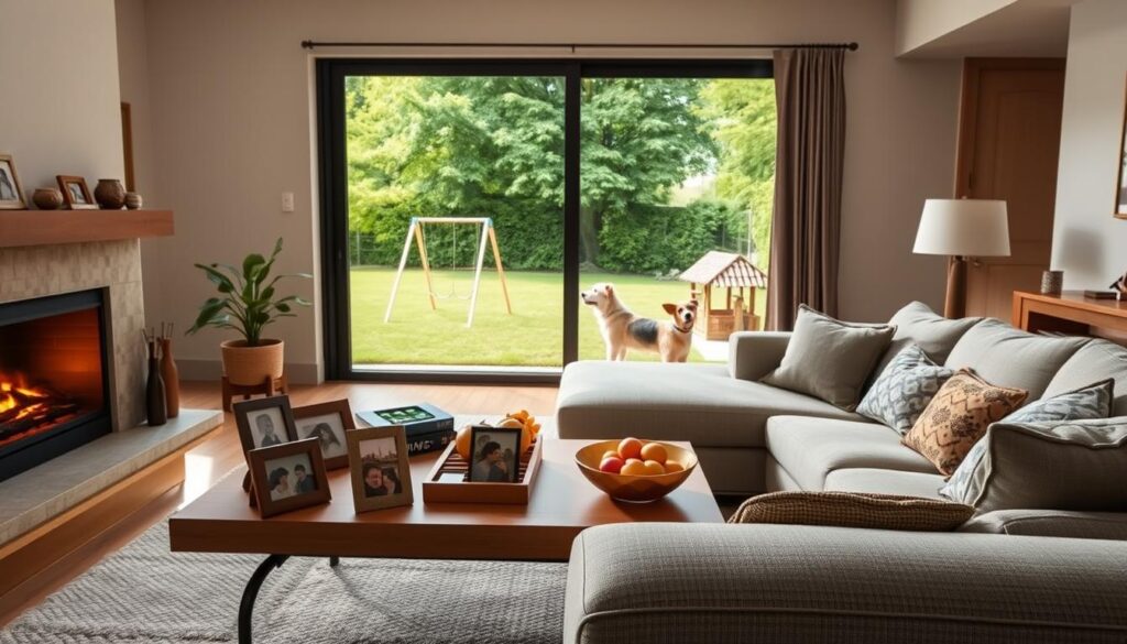 A cozy living room with a large, comfortable sofa, a warm fireplace, and a coffee table displaying various family-oriented items like photo frames, a board game, and a bowl of fresh fruit. The room is bathed in soft, diffused lighting, creating a welcoming and inviting atmosphere. In the background, a large window offers a view of a lush, green backyard, with a swing set and a playful dog. The overall scene conveys a sense of togetherness, comfort, and the ideal "best family plan" for a close-knit household.