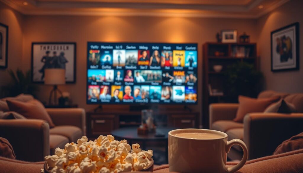 A cozy living room with a large flatscreen TV as the centerpiece, surrounded by plush sofas and armchairs. On the screen, a vibrant array of movie posters and series thumbnails dance across the display, hinting at a vast library of cinematic delights. Warm, ambient lighting casts a soft glow, creating an inviting atmosphere for an evening of binge-watching. In the foreground, a bowl of freshly popped popcorn and a steaming mug of hot chocolate sit ready, adding to the cozy, indulgent mood. The overall scene evokes a sense of comfort, anticipation, and the promise of endless entertainment options.