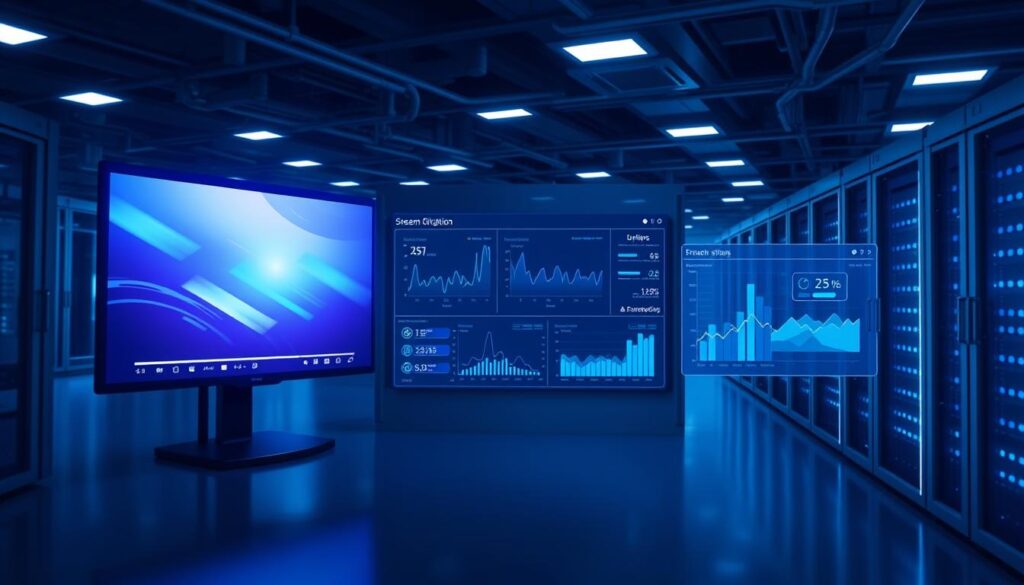 A crisp, high-definition streaming interface glows with vibrant colors and clean, modern UI elements. The foreground features a sleek, responsive video player with seamless playback controls. In the middle ground, detailed data visualizations and analytics dashboards provide real-time insights into streaming quality, uptime, and buffering. The background showcases a minimalist network infrastructure, with server racks, routers, and data centers rendered in muted tones to convey the technical backbone powering the seamless streaming experience. Soft, directional lighting accentuates the polished, professional aesthetic, creating a sense of reliability and cutting-edge technology.