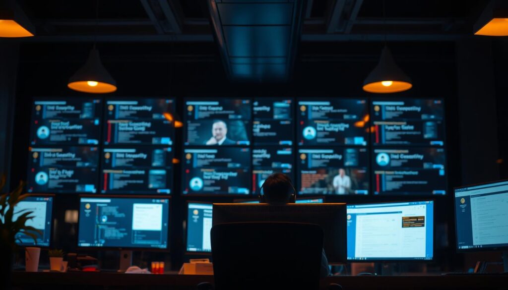 A dimly lit office interior, with a large desk in the foreground. A customer service agent sits behind the desk, wearing a professional headset and intently focused on a computer screen. The background features a wall of monitors displaying various customer inquiries and support tickets. Warm, ambient lighting casts a soft glow, creating a calming atmosphere. The overall scene conveys a sense of diligence, efficiency, and a commitment to providing high-quality customer assistance, 24 hours a day.