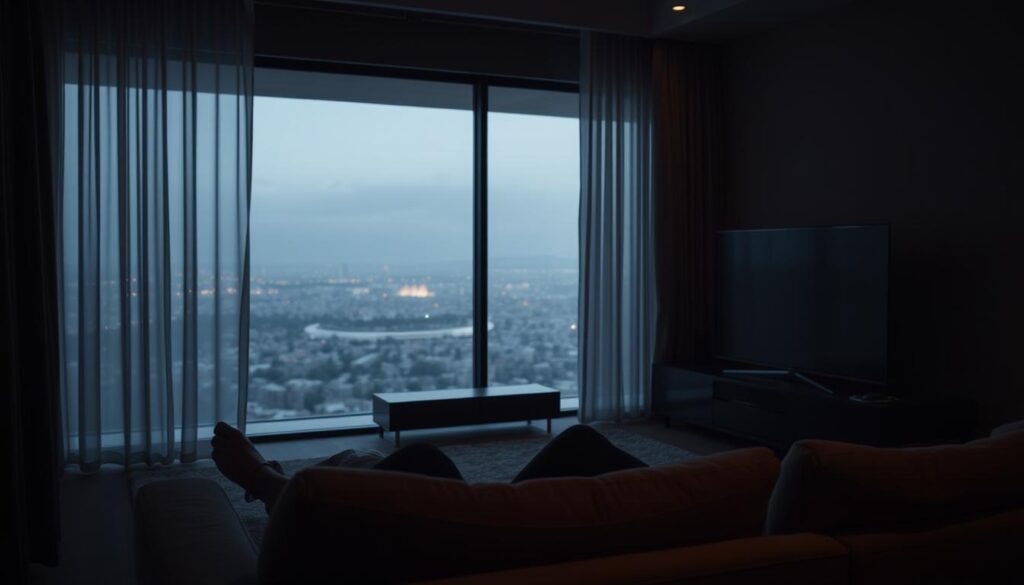 A dimly lit, private room with muted lighting filtering through sheer curtains. In the foreground, a person relaxing on a plush sofa, their face obscured by shadows, exuding a sense of solitude and calm. The middle ground features a sleek, minimalist entertainment system, its screen turned off, hinting at the disconnection from the outside world. The background reveals a vast window overlooking a serene city skyline, the distant lights twinkling like stars, creating an atmosphere of tranquility and seclusion. Soft, warm tones and a muted color palette convey a sense of privacy and introspection. The overall scene evokes a sanctuary of personal space, where one can retreat and enjoy content on their own terms.