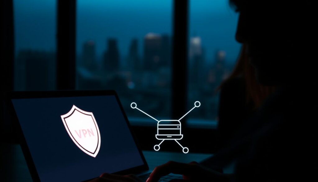 A dimly lit room, the glow of a laptop screen casting a soft light on a user's face. In the foreground, a VPN icon prominently displayed, symbolizing the importance of online privacy and security. The middle ground features a network diagram, illustrating the encrypted connection between the device and a remote VPN server. In the background, a blurred city skyline, hinting at the global reach and accessibility of the VPN service. The scene conveys a sense of privacy, protection, and the confidence to navigate the digital world securely.