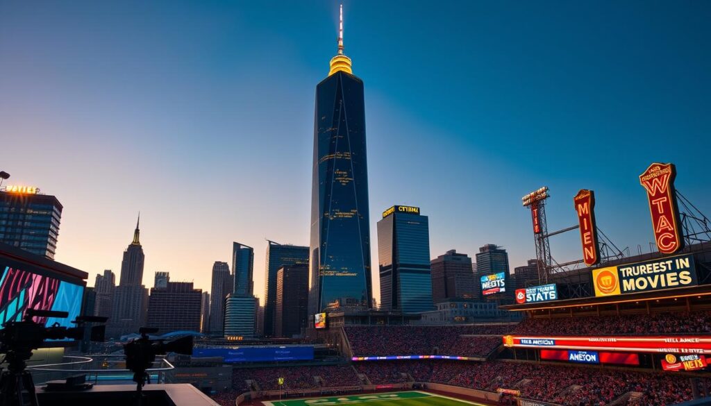 A dynamic city skyline at dusk, with a gleaming skyscraper serving as the focal point. In the foreground, a bustling news studio, cameras rolling as anchors deliver the latest headlines. In the middle ground, a packed stadium hosting a thrilling sports event, the crowd erupting in cheers. In the background, neon-lit entertainment venues, their marquees promising the best in American movies, TV shows, and live performances. The scene is illuminated by a warm, golden light, creating an inviting and energetic atmosphere.