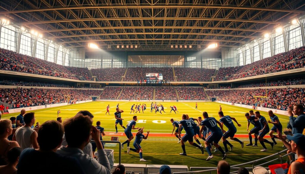 A dynamic sports arena, with an expansive playing field at the center. The foreground features a group of athletes engaged in a high-intensity match, their bodies in motion, expressions intense, and uniforms vibrant. The middle ground showcases spectators in the bleachers, their faces alight with excitement, capturing the electric atmosphere. In the background, the stadium's modern architecture frames the scene, with natural lighting filtering through the glass panels, casting a warm glow over the entire tableau. The overall composition conveys the energy, intensity, and communal spirit of the sports experience, inviting the viewer to imagine the roar of the crowd and the thrill of the game.