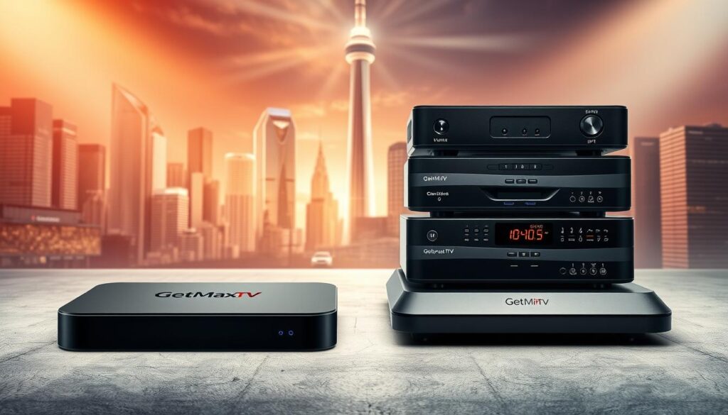 A high-contrast, visually striking comparison of two IPTV service providers. In the foreground, a modern, sleek device displaying the GetMaxTV logo, showcasing its clean, minimalist interface. In the middle ground, a stack of typical IPTV boxes, their designs cluttered and outdated, conveying a sense of old-fashioned technology. The background is a dynamic, futuristic cityscape, hinting at the progressive, cutting-edge nature of GetMaxTV. Dramatic lighting creates depth and highlights the stark contrast between the two services, while a cinematic camera angle emphasizes the difference in quality and innovation.