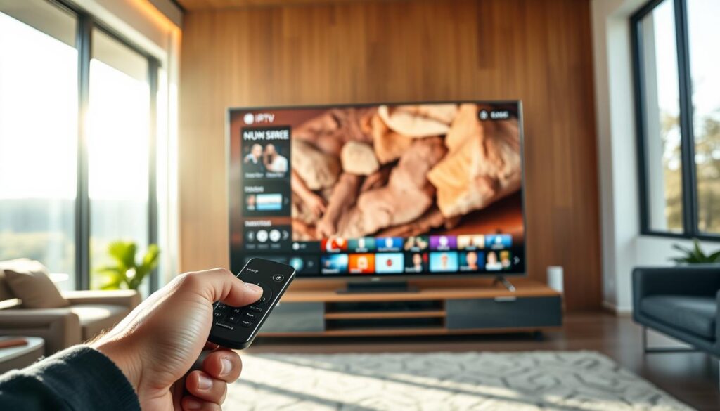 A high-quality 4K IPTV stream playing on a state-of-the-art OLED TV, set against a sleek, modern living room. The image is crisp and vibrant, with deep blacks and rich, accurate colors that leap off the screen. Sunlight filters through large windows, casting a warm, soft glow across the scene. The TV is positioned prominently, its clean, minimalist design complementing the room's stylish decor. In the foreground, a hand holds a high-end remote control, indicating the user's active engagement with the streaming content. The overall atmosphere conveys a sense of immersive, cinematic viewing experience in a comfortable, premium home environment.