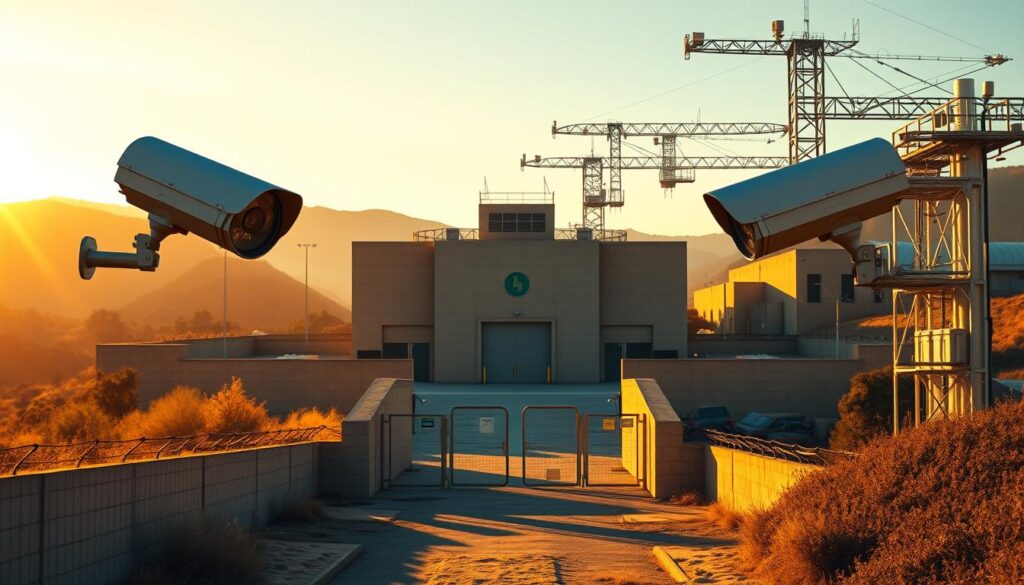 A high-security facility nestled in a serene landscape, guarded by towering walls and armed sentries. The exterior is bathed in a warm, golden light, conveying a sense of strength and vigilance. In the foreground, a pair of state-of-the-art surveillance cameras scan the perimeter, their lenses gleaming in the sunlight. The middle ground features a secure entry point, flanked by reinforced doors and biometric scanners, ensuring only authorized personnel can gain access. In the background, a network of interconnected security systems, including motion sensors and alarm panels, work in harmony to maintain the integrity of the facility. The overall atmosphere is one of unwavering protection, where privacy and safety are the top priorities.