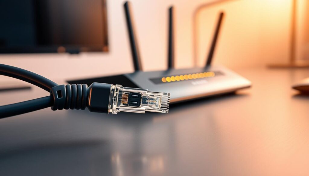 A high-speed internet cable snaking across a sleek, modern desk, its metallic sheen catching the warm glow of soft lighting. In the background, a network router stands tall, its blinking lights signaling a strong, reliable connection. The scene exudes a sense of efficiency and technological prowess, perfectly suited for seamless HD/4K streaming of adult content without interruptions.