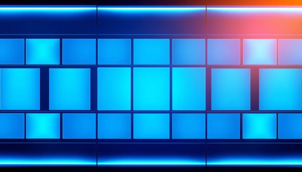 A high-tech control panel with sleek, minimalist channels in various hues of blue, teal, and cyan. The channels are arranged in a symmetrical grid, their edges sharp and defined. Soft ambient lighting illuminates the panel, creating a sense of depth and dimensionality. The channels are depicted with a clean, digital aesthetic, evoking a feeling of precision and technological sophistication. The overall composition is balanced and visually striking, creating an image that reflects the modern, high-quality IPTV solution described in the article's section.