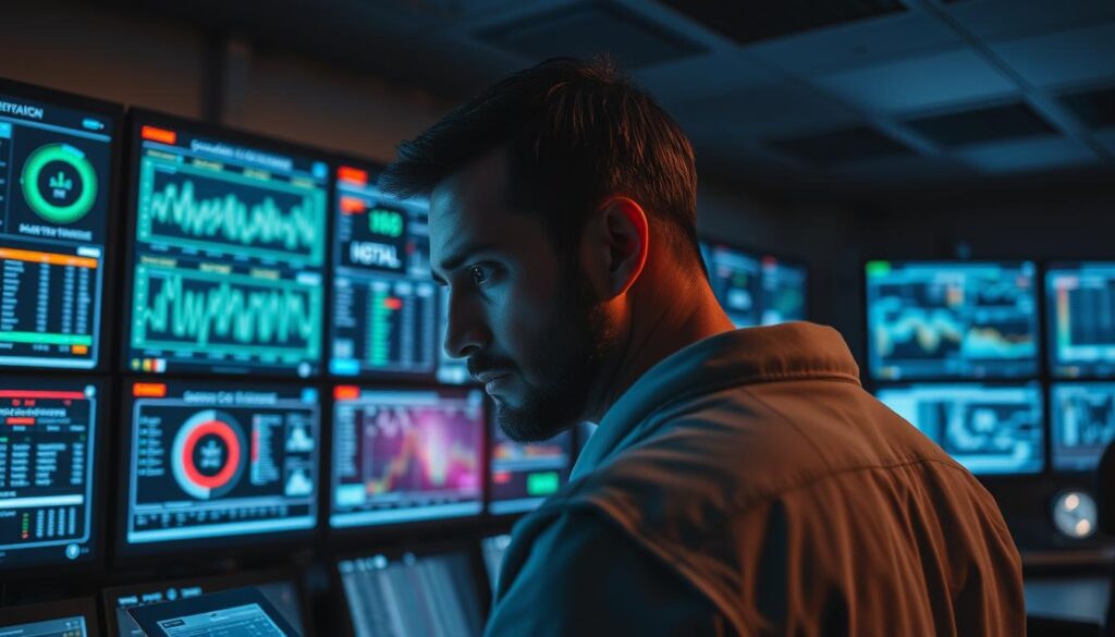 A high-tech monitoring dashboard illuminates a dimly lit control room. Rows of workstations and displays showcase real-time data streams, highlighting network health, server metrics, and troubleshooting tools. In the foreground, an engineer scrutinizes a complex schematic, brow furrowed in concentration. Subtle ambient lighting casts a warm glow, creating a sense of focused intensity. Sleek, modern hardware and minimalist design convey a professional, cutting-edge atmosphere. The scene conveys the importance of vigilant monitoring and swift troubleshooting to maintain reliable IPTV services.