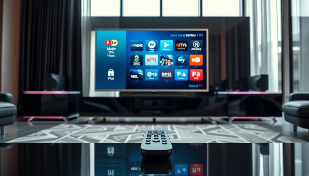 A high-tech, ultramodern media center showcasing the GetMaxTV service. In the foreground, a sleek, silver TV set displays a vibrant, crystal-clear user interface with intuitive icons and menus. Surrounding the TV, a minimalist entertainment system with glossy black components and glowing LED accents. In the middle ground, a sophisticated remote control with a premium matte finish and responsive touch controls. The background features a stylish, dimly lit living room with floor-to-ceiling windows, allowing natural light to create a soft, warm atmosphere. Subtle reflections on the TV screen and polished surfaces add depth and realism to the scene. The overall impression is one of cutting-edge technology, seamless user experience, and a premium, luxurious aesthetic.