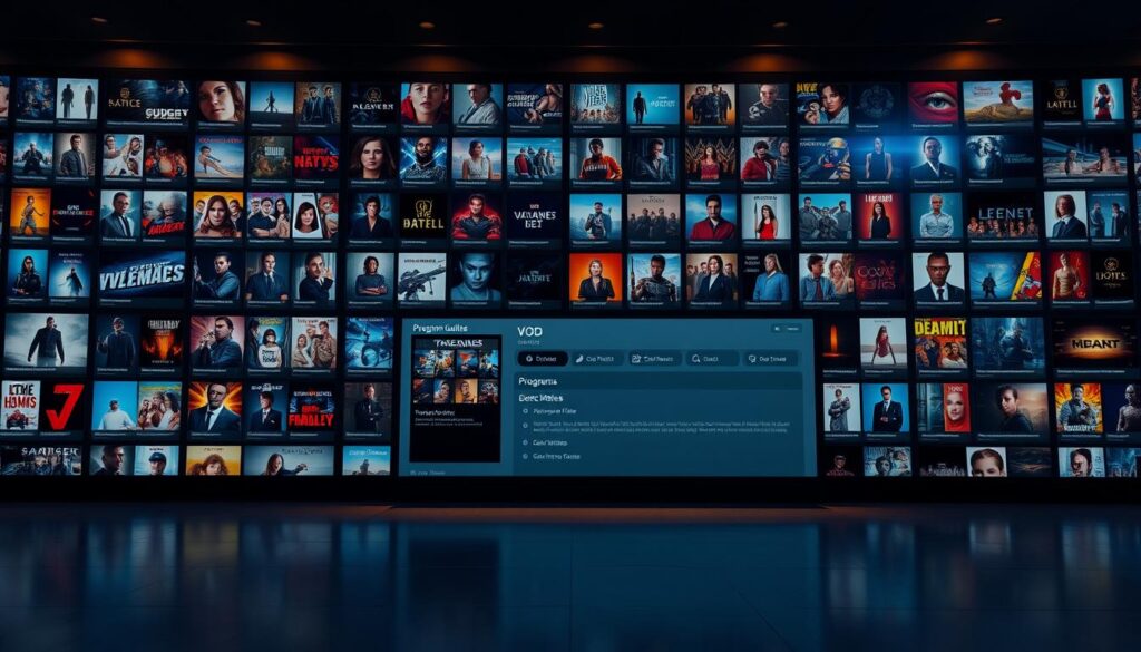 A large, well-organized VOD library with a sleek, modern interface. The foreground features a grid of high-quality film and TV show thumbnails, each with a brief description. The middle ground showcases a clean, intuitive program guide with customizable filters and sorting options. In the background, subtle lighting creates a warm, inviting atmosphere, highlighting the depth and diversity of the available content. The overall scene conveys a sense of cinematic immersion and effortless navigation, perfect for discerning viewers seeking a premium streaming experience.