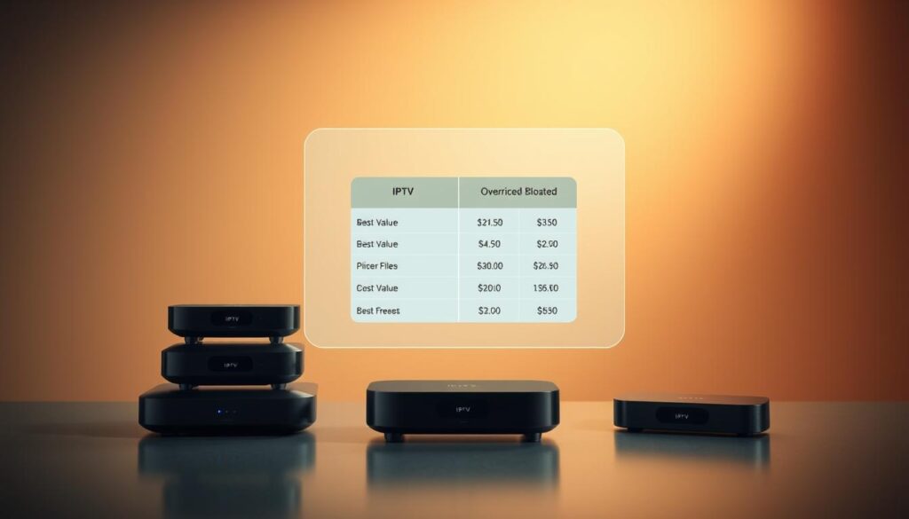 A meticulously designed image showcasing the cost-effective value of IPTV. Set against a sleek, modern backdrop, the foreground features a stack of glossy IPTV streaming devices, their clean lines and minimalist design emphasizing their affordability and accessibility. In the middle ground, a holographic display presents a side-by-side comparison of IPTV subscription plans, highlighting the stark contrast between the best value options and the overpriced, bloated alternatives. The background radiates a warm, muted glow, conveying a sense of reliability and trustworthiness in the IPTV service. Captured with a wide-angle lens and balanced lighting, the overall composition exudes a professional, authoritative tone befitting the "Anti-Freeze IPTV: Buffer-Free Streaming" article and its "Cost of Ownership: Best IPTV Value vs. Overpriced Plans" section.