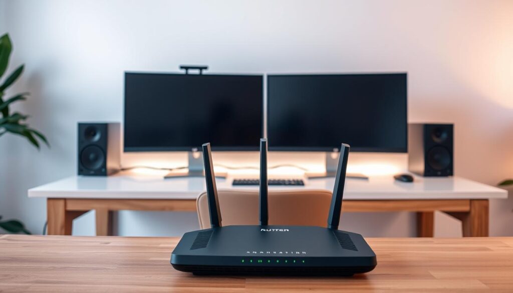 A minimalistic workspace with a sleek, modern setup. A sturdy wooden desk with clean lines and a crisp white surface, accented by a pair of high-resolution monitors in a dual-screen configuration. A stylish, ergonomic office chair in a neutral tone complements the overall aesthetic. Subtle ambient lighting from concealed sources creates a warm, focused atmosphere. In the foreground, a state-of-the-art router and modem sit neatly arranged, symbolizing the reliable connectivity at the heart of this productive setup. The background features a simple, uncluttered wall, allowing the equipment and accessories to take center stage. This is a workspace designed for efficiency, comfort, and seamless digital integration.