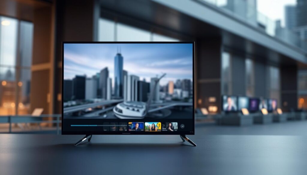 A modern, minimalist live streaming service interface presented in a sleek, high-contrast visual style. The foreground displays a large, high-definition video player with crisp, realistic rendering, surrounded by a clean, minimalist UI with intuitive controls and navigation elements. The middle ground features a selection of live streaming channels and content thumbnails, presented in an organized grid layout with vivid, vibrant colors. The background showcases a blurred, out-of-focus cityscape, with skyscrapers and urban infrastructure providing a sense of context and setting. Overall, the scene conveys a polished, professional, and technologically advanced live streaming experience.