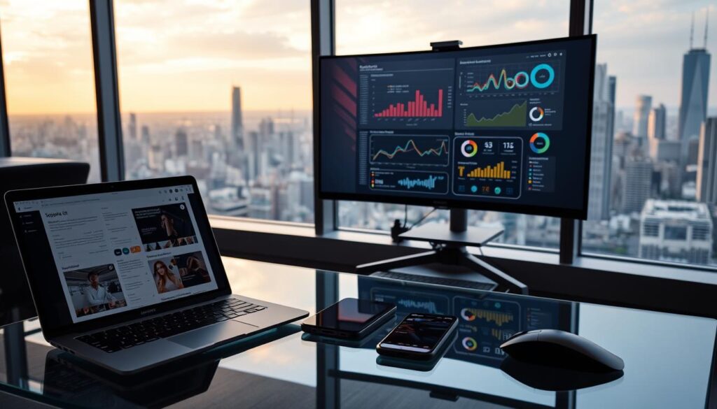 A modern office setting with a variety of digital devices and content displayed on their screens. In the foreground, a sleek laptop, a tablet, and a smartphone are arranged on a minimalist glass desk, their displays showcasing different types of media - a news article, a streaming service, and a productivity app. In the middle ground, a large curved monitor on an adjustable stand displays colorful charts and graphs, while a wireless mouse and keyboard complete the professional setup. The background features floor-to-ceiling windows overlooking a bustling city skyline, bathed in the warm glow of natural light and a soft, diffused atmosphere.