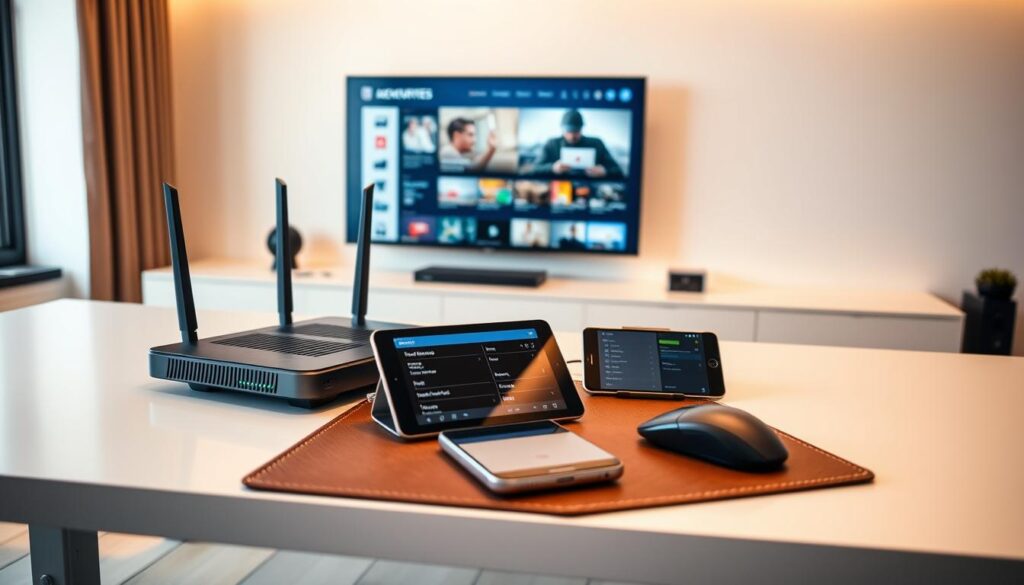 A modern office setup with various IPTV devices neatly arranged on a sleek, minimalist desk. In the foreground, a high-end router and a smart home hub sit side by side, their LED indicators softly glowing. In the middle ground, a tablet and a smartphone rest on a leather mouse pad, their screens displaying configuration menus. In the background, a large 4K smart TV is mounted on the wall, its screen showcasing a video player interface. The entire scene is bathed in warm, diffused lighting, creating a serene and professional atmosphere suitable for a technical guide on IPTV redundancy.