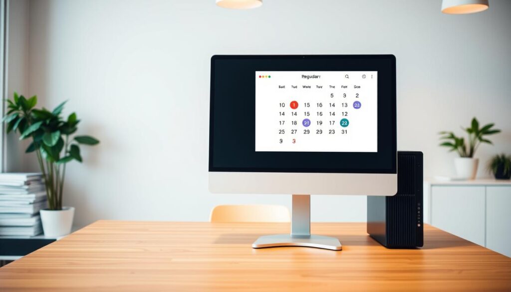 A modern office workspace with a large computer monitor displaying a calendar interface. The monitor is positioned on a minimalist wooden desk, with a sleek, black desktop tower beside it. Bright, warm lighting from overhead illuminates the scene, creating a crisp, professional atmosphere. In the background, we see neatly stacked binders and a potted plant, conveying a sense of organization and productivity. The calendar on the monitor's screen prominently features recurring date icons, visually representing the concept of "regular updates" in a clean, intuitive manner.