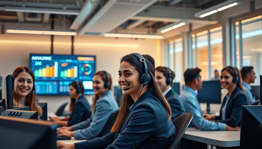 A modern, sleek call center with professional customer service representatives ready to assist. The foreground features a team of smiling agents in business attire, headsets on, facing multiple workstations with glowing computer screens. The middle ground shows a large video wall displaying real-time metrics and customer satisfaction data. The background has a minimalist, open-concept office layout with floor-to-ceiling windows, providing a bright, airy atmosphere. Warm, indirect lighting illuminates the space, conveying a sense of efficiency, competence and 24/7 availability. The overall scene radiates a professional, high-tech vibe to inspire confidence in seamless, around-the-clock customer support.