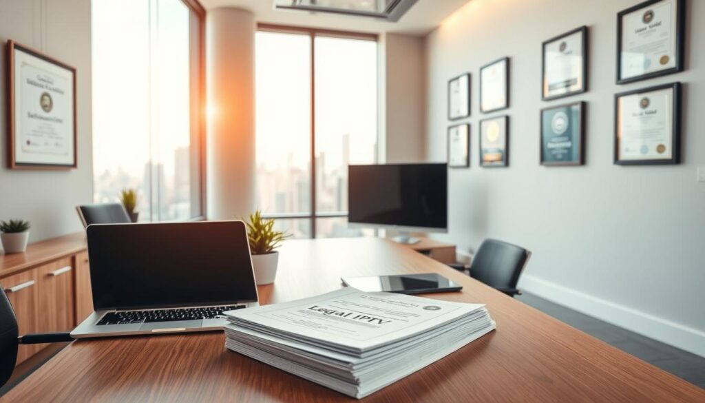 A modern, well-lit office interior with sleek, minimalist design. In the foreground, a wooden desk with a laptop, tablet, and a small potted plant. On the desk, a neatly stacked pile of documents labeled "Legal IPTV Providers." Behind the desk, a large window overlooking a cityscape, with soft, natural lighting filtering in. The walls are adorned with framed certificates and awards, conveying a sense of professionalism and legitimacy. The overall atmosphere is one of authority, expertise, and attention to legal compliance.