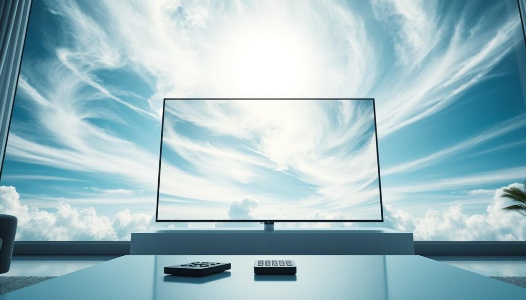 A serene cloud-covered sky, sunlight gently filtering through wispy cirrus formations. In the foreground, a sleek modern living room with a large flat-screen TV taking center stage. On the coffee table, a remote control and a smartphone, seamlessly blending the digital and physical worlds. The room is bathed in a soft, ambient glow, hinting at the seamless integration of cloud-based media services. The overall mood is one of effortless convenience, where technology fades into the background, allowing the user to simply enjoy the content on demand.