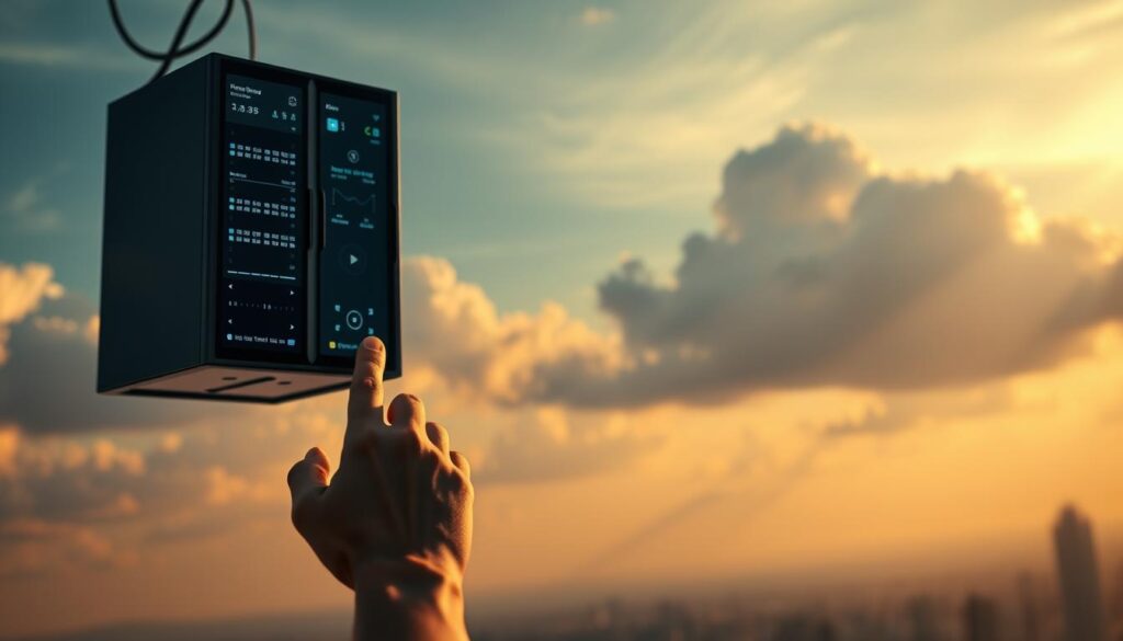 A serene cloud-filled sky with a floating datacenter server rack, its LEDs softly glowing. The scene is illuminated by warm, natural lighting casting long shadows. In the foreground, a hand reaches up to connect a cable to the server, representing the ease of cloud-based digital video recording. The middle ground features a minimalist user interface displaying video playback controls and cloud storage metrics. The background depicts a calm, pastel-hued cityscape fading into the distance, symbolizing the ubiquity and accessibility of cloud-based IPTV services.
