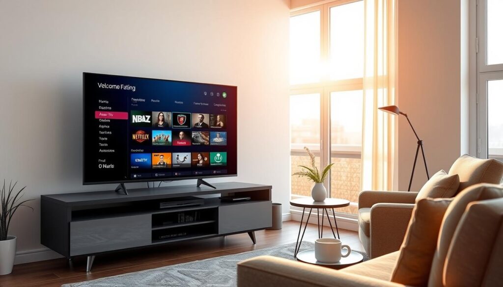 A serene living room with a sleek, modern TV stand displaying a free trial IPTV service interface. The TV screen shows a visually appealing dashboard with intuitive menus and high-quality video streams. A cozy armchair and a side table with a cup of coffee create a relaxing atmosphere, inviting the viewer to explore the IPTV service risk-free. The room is bathed in warm, natural light filtering through large windows, conveying a sense of comfort and ease. The overall scene exudes a welcoming and trustworthy vibe, perfectly capturing the essence of "Free Trial IPTV Services: Try GetMaxTV Risk-Free".