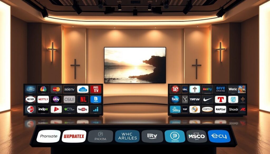A serene scene of Christian IPTV channels, showcasing a sleek and modern interface. The foreground features an array of channel logos and icons, neatly arranged in a grid-like pattern, reflecting the diverse programming available. The middle ground depicts a large, high-definition screen displaying a serene, faith-based visual, bathed in warm, soft lighting. In the background, a minimalist, yet sophisticated studio environment with clean lines and subtle religious motifs, creating a sense of reverence and devotion. The overall atmosphere is one of tranquility, professionalism, and a deep connection to the spiritual realm, capturing the essence of Christian IPTV.