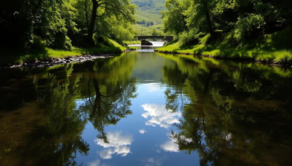 A serene stream flows through a lush, verdant landscape, its surface perfectly mirroring the surrounding foliage. Sunlight dapples the water, creating a mesmerizing play of light and shadow. In the foreground, a tranquil pool reflects the trees and sky above, their inverted images blending seamlessly with the real. Farther back, the stream winds its way between gently rolling hills, creating a sense of depth and tranquility. The overall scene exudes a calming, contemplative atmosphere, evoking a sense of resilience and harmony between the natural elements.