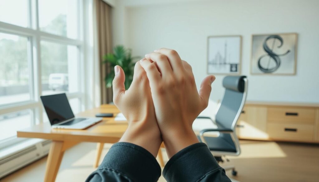 A serene, well-lit office space with a solid wooden desk, a modern laptop, and a sleek, ergonomic office chair. In the foreground, a person's hands are clasped in a gesture of support, conveying a sense of reliability and stability. The background features floor-to-ceiling windows, allowing natural light to flood the room and create a warm, welcoming atmosphere. The walls are adorned with subtle, abstract artwork, adding a touch of sophistication. The overall scene exudes a sense of professionalism, security, and unwavering support, perfectly reflecting the subject and section title.