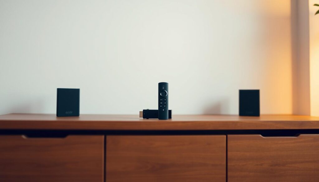 A sleek and modern home entertainment setup, with a Fire Stick prominently displayed on a minimalist wooden media console. The Fire Stick is the focal point, illuminated by warm, directional lighting that casts a soft glow, creating an inviting atmosphere. The background is a clean, white wall, allowing the device to stand out. The composition is balanced, with the Fire Stick positioned slightly off-center, adding visual interest. The overall scene conveys a sense of ease and simplicity, reflecting the straightforward process of setting up GetMaxTV on this popular streaming device.