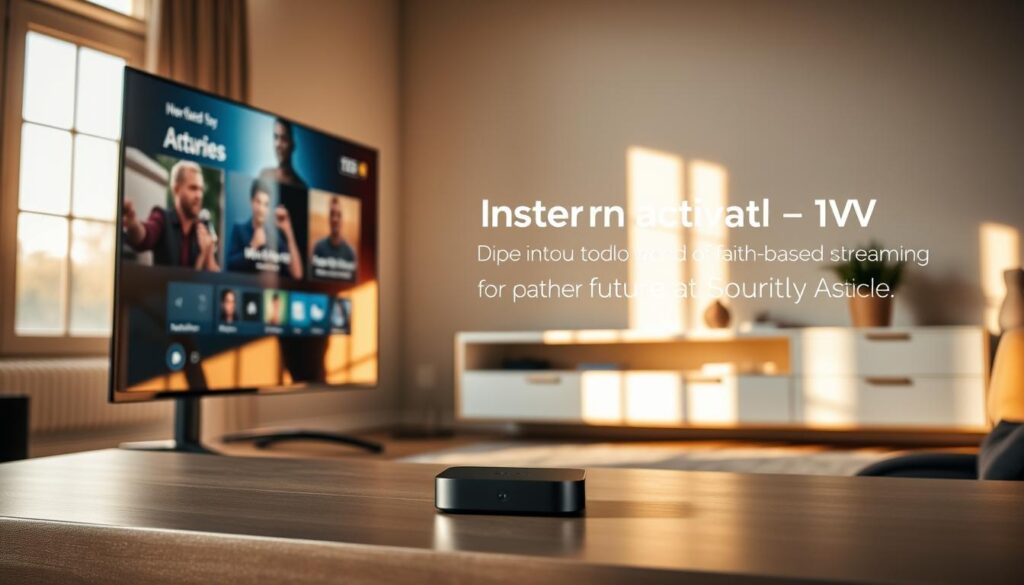 A sleek and modern home entertainment setup. In the foreground, a smart TV displays an intuitive interface, beckoning the viewer to dive into a world of faith-based streaming. The middle ground features a compact streaming device, its simple design emphasizing the "instant activation" promise. In the background, a minimalist entertainment console with clean lines and subtle lighting creates a serene, technology-forward atmosphere. Warm, natural lighting filters through a nearby window, casting a soft glow over the entire scene. The overall mood is one of effortless connectivity and spiritual enrichment, inviting the viewer to experience the future of Christian IPTV.