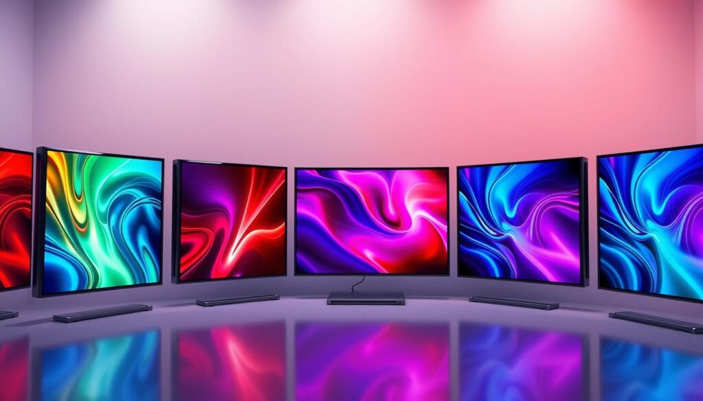 A sleek and modern set of entertainment channels, arranged in a grid-like layout. The channels are depicted as glossy, rectangular panels with vibrant, high-definition visuals pulsing within. The foreground features the main channels, each with a distinct color scheme and abstract pattern, creating a sense of depth and visual interest. The middle ground showcases smaller, secondary channels, while the background fades into a softly lit, minimalist environment, allowing the channels to take center stage. The overall composition conveys a sense of sophistication, technology, and the cutting-edge nature of the adult streaming landscape in 2025.